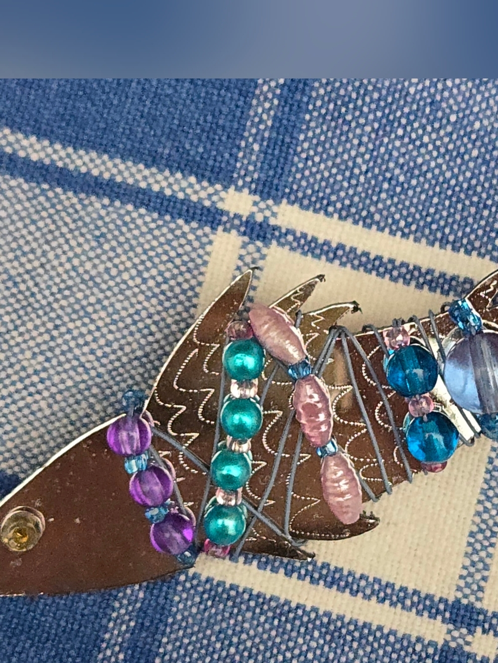 Liztech Fish Brooch Beaded Mirror Signed Rare 3"